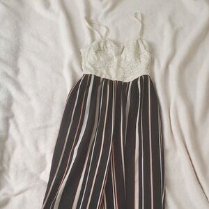 Candie’s Jumpsuit pinstripes pink white lace